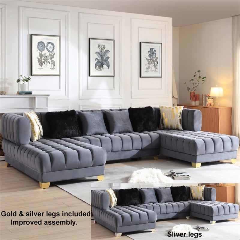 Marigold Gray Velvet U-Shaped Double Chaise Sectional Sofa Gold or Silver Legs
