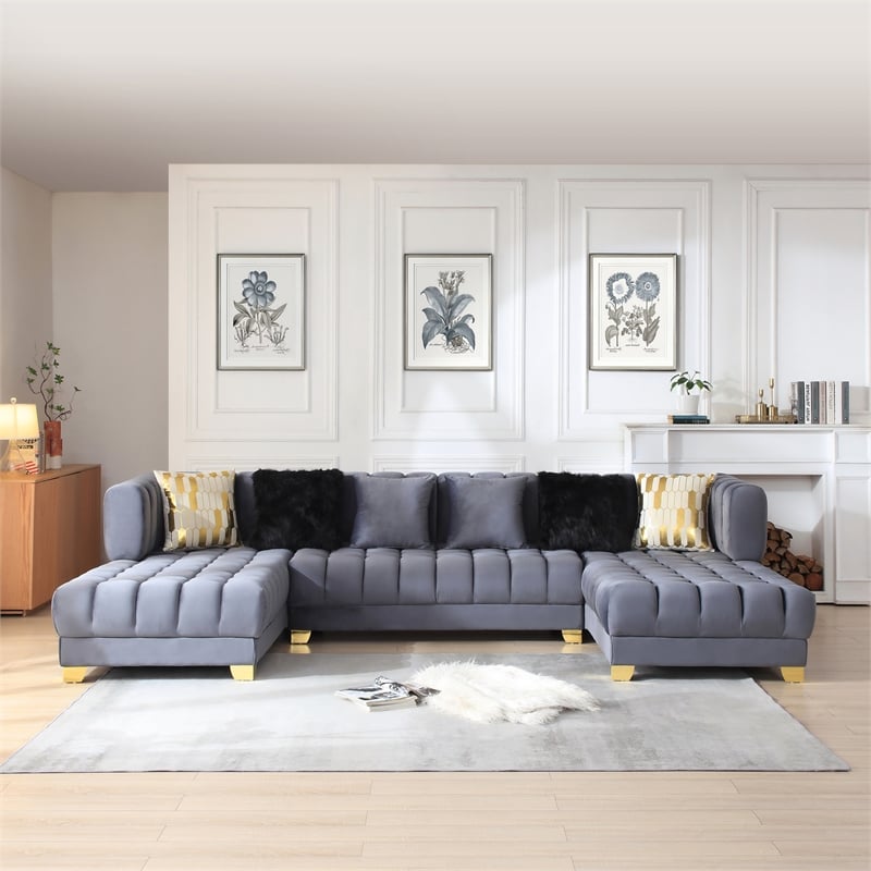 Marigold Gray Velvet U-Shaped Double Chaise Sectional Sofa Gold or Silver Legs