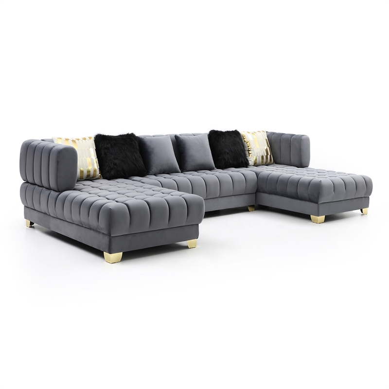 Marigold Gray Velvet U-Shaped Double Chaise Sectional Sofa Gold or Silver Legs