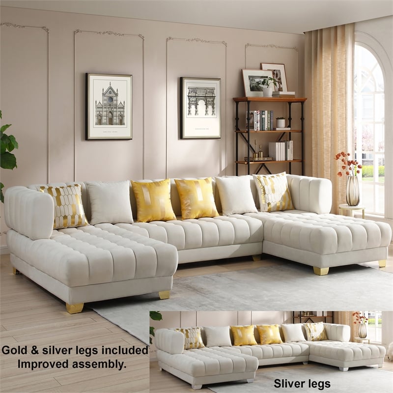 Marigold Cream Velvet U-Shaped Double Chaise Sectional Sofa Gold or Silver Legs