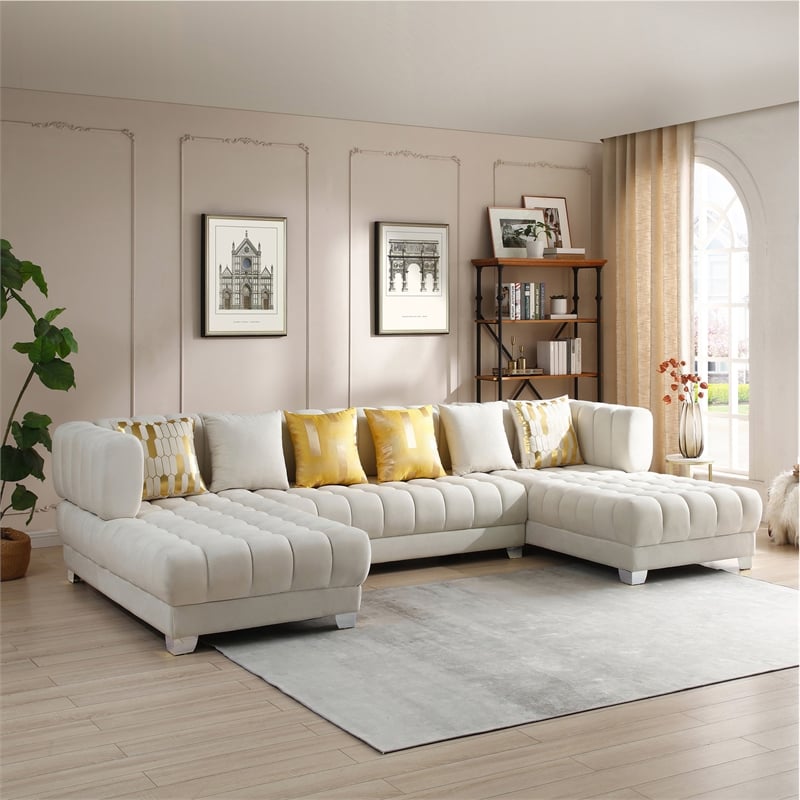 Marigold Cream Velvet U-Shaped Double Chaise Sectional Sofa Gold or Silver Legs