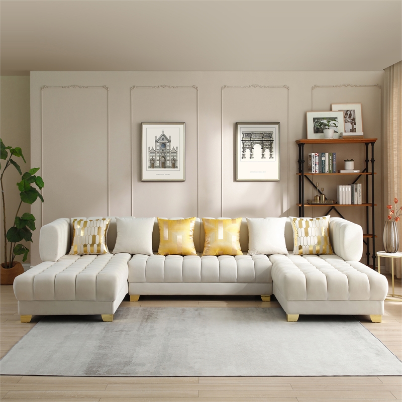 Marigold Cream Velvet U-Shaped Double Chaise Sectional Sofa Gold or Silver Legs