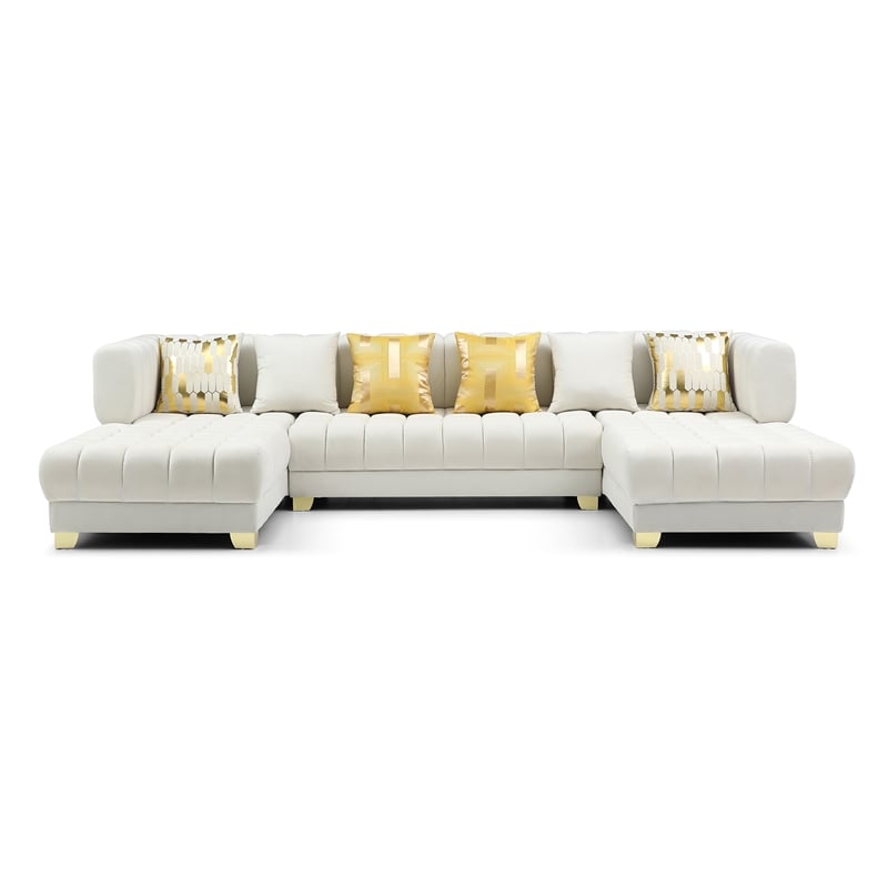 Marigold Cream Velvet U-Shaped Double Chaise Sectional Sofa Gold or Silver Legs