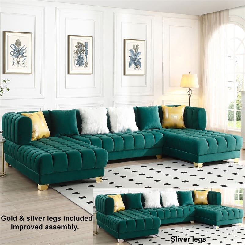 Marigold Green Velvet U-Shaped Double Chaise Sectional Sofa Gold or Silver Legs
