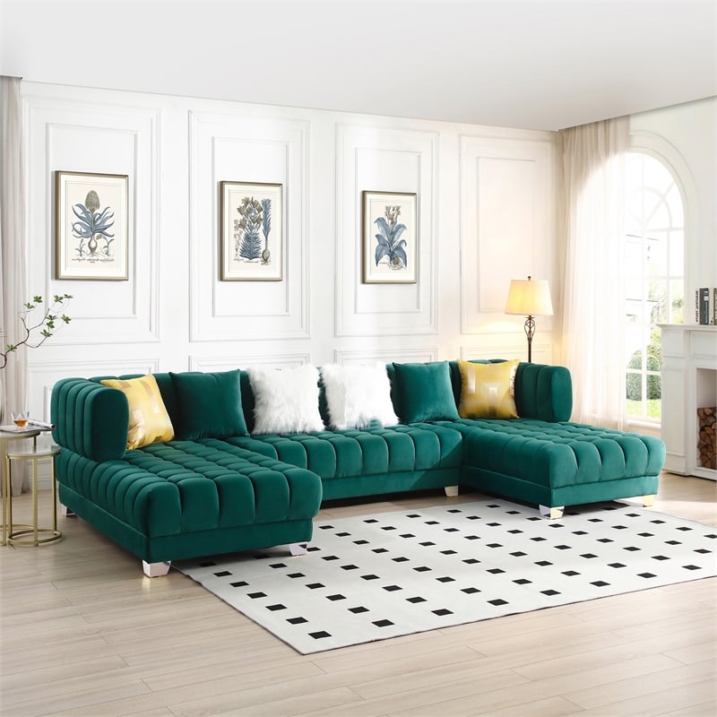 Marigold Green Velvet U-Shaped Double Chaise Sectional Sofa Gold or Silver Legs