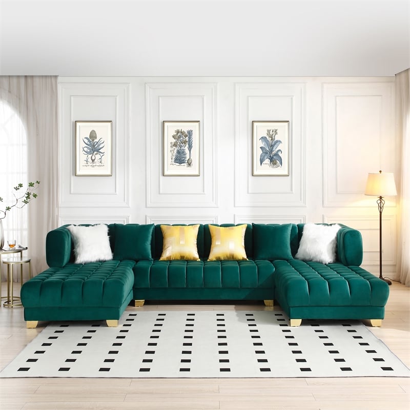 Marigold Green Velvet U-Shaped Double Chaise Sectional Sofa Gold or Silver Legs