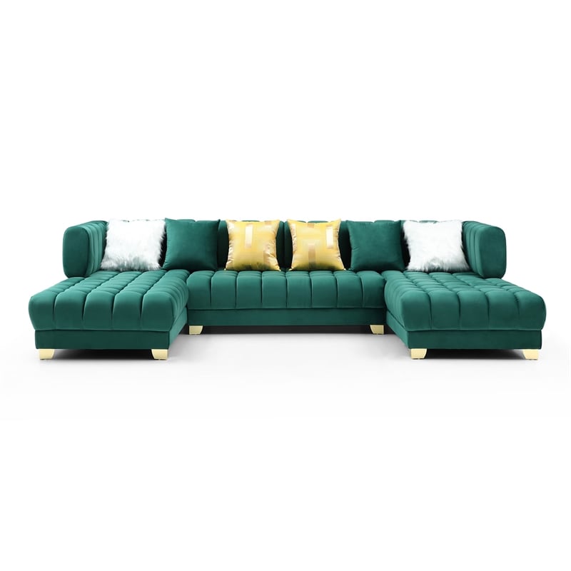 Marigold Green Velvet U-Shaped Double Chaise Sectional Sofa Gold or Silver Legs