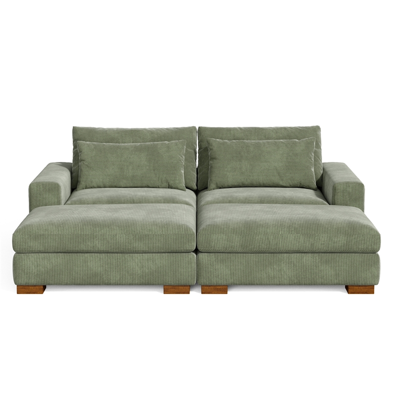 Isabella Sectional Sofa Corduroy Velvet with two Ottomans in Green Color