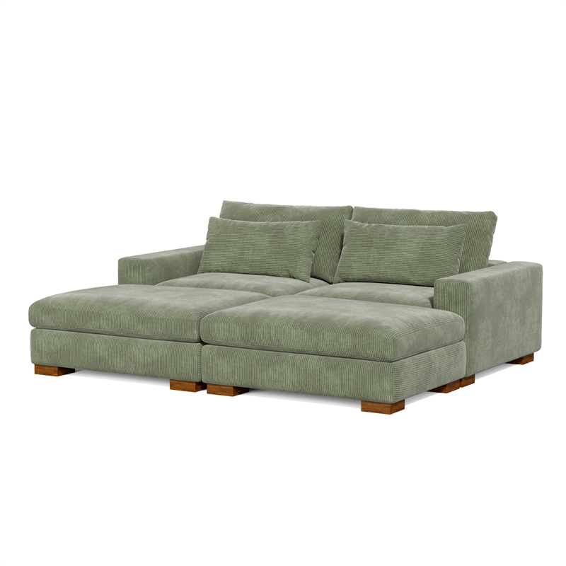 Isabella Sectional Sofa Corduroy Velvet with two Ottomans in Green Color