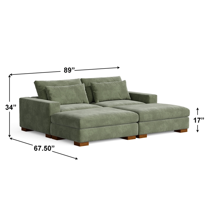 Isabella Sectional Sofa Corduroy Velvet with two Ottomans in Green Color