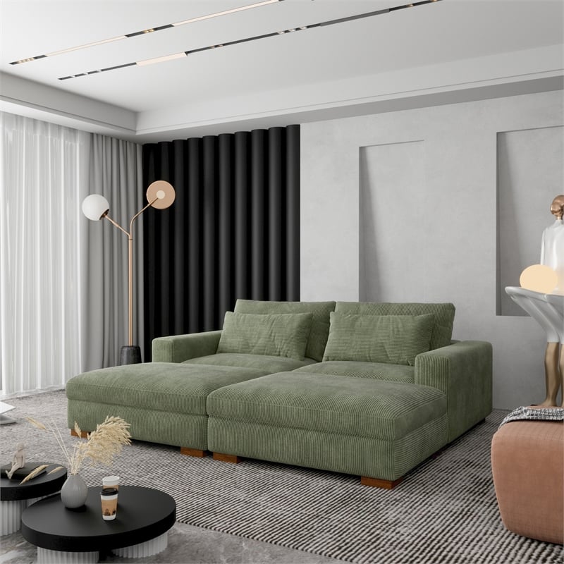 Isabella Sectional Sofa Corduroy Velvet with two Ottomans in Green Color