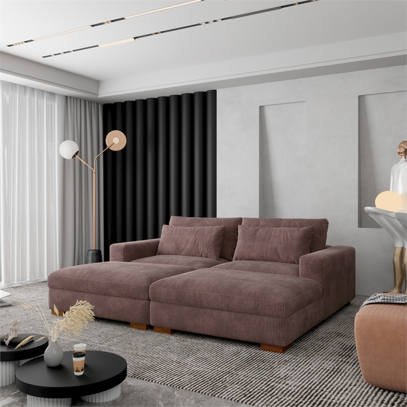 Isabella Sectional Sofa Corduroy Velvet with two Ottomans in Chocolate Color