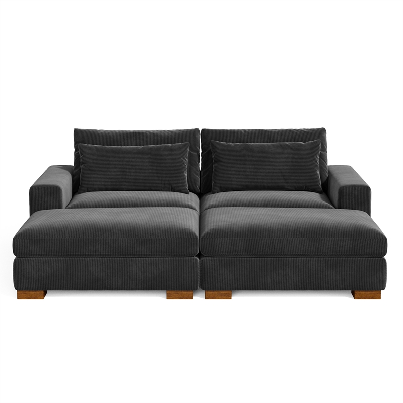 Isabella Sectional Sofa Corduroy Velvet with two Ottomans in Black Color
