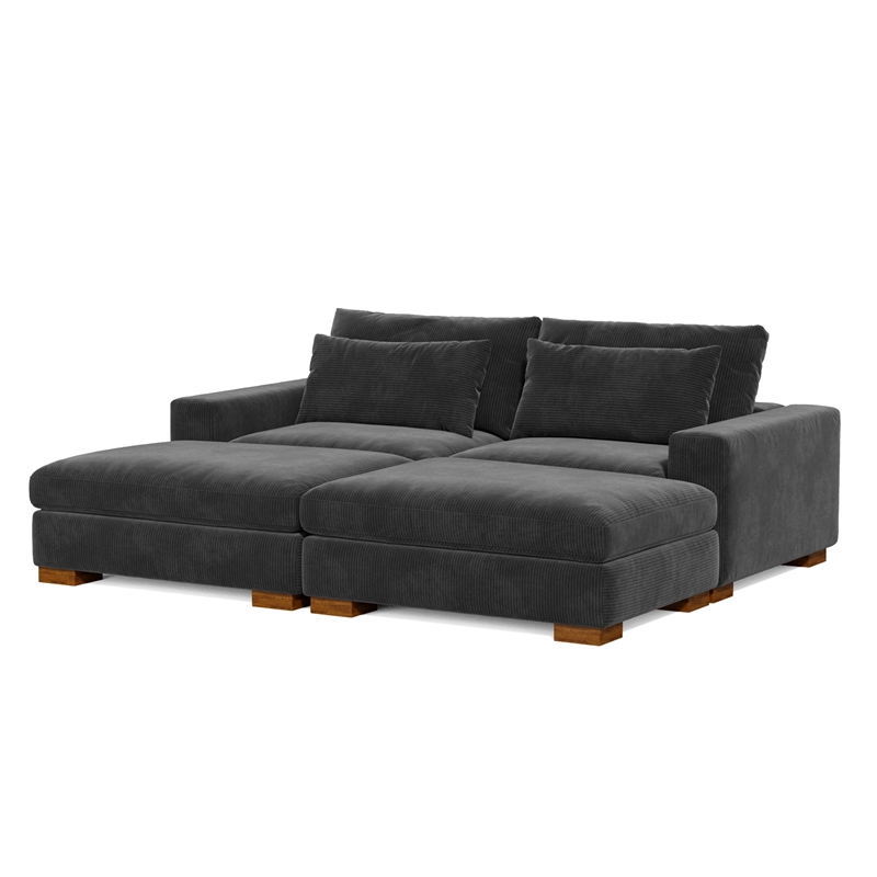 Isabella Sectional Sofa Corduroy Velvet with two Ottomans in Black Color