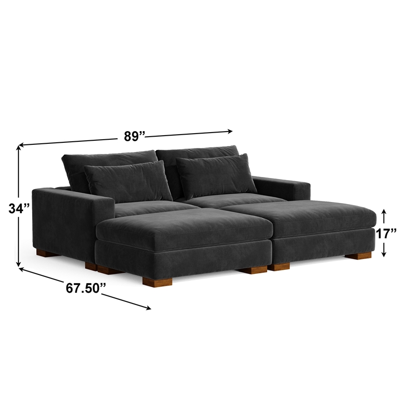 Isabella Sectional Sofa Corduroy Velvet with two Ottomans in Black Color