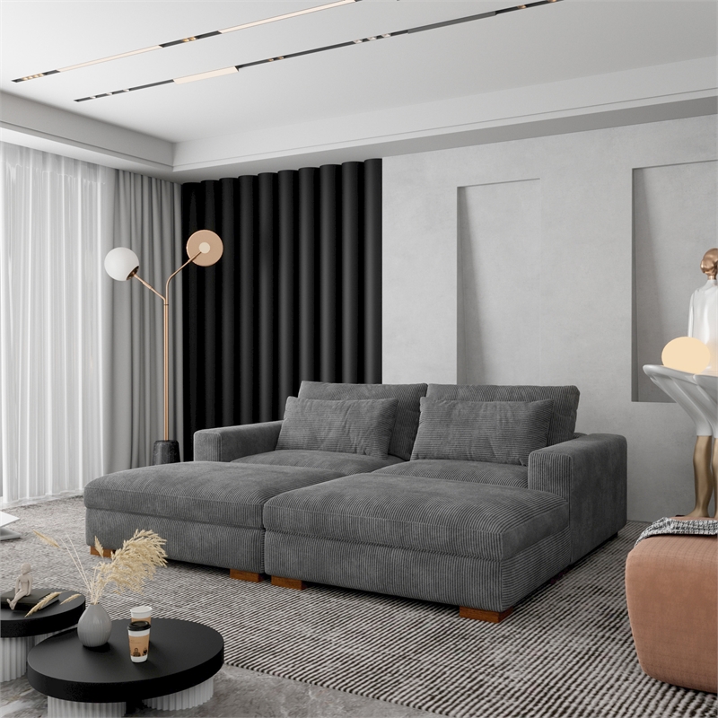 Isabella Sectional Sofa Corduroy Velvet with two Ottomans in Dark Gray Color