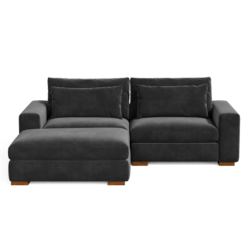 Isabella Sectional Sofa Corduroy Velvet with one Ottoman in Black Color
