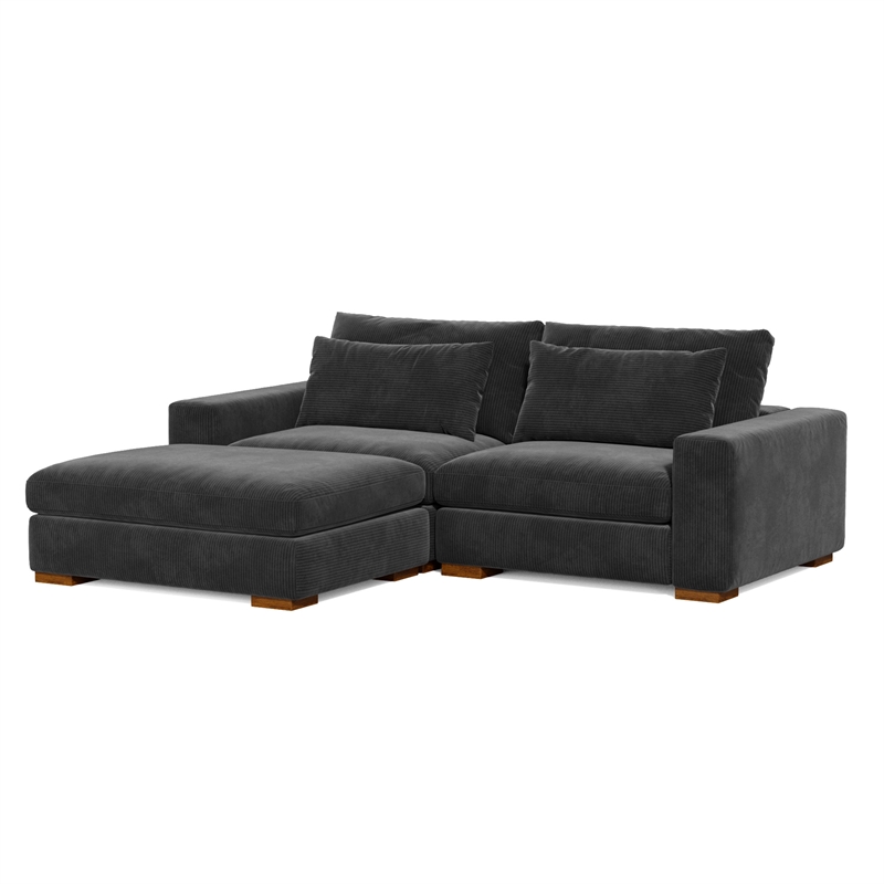 Isabella Sectional Sofa Corduroy Velvet with one Ottoman in Black Color