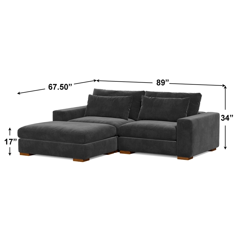 Isabella Sectional Sofa Corduroy Velvet with one Ottoman in Black Color