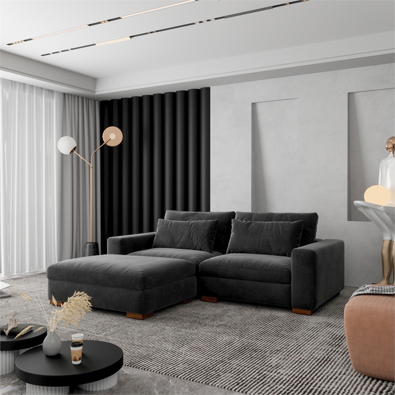 Isabella Sectional Sofa Corduroy Velvet with one Ottoman in Black Color
