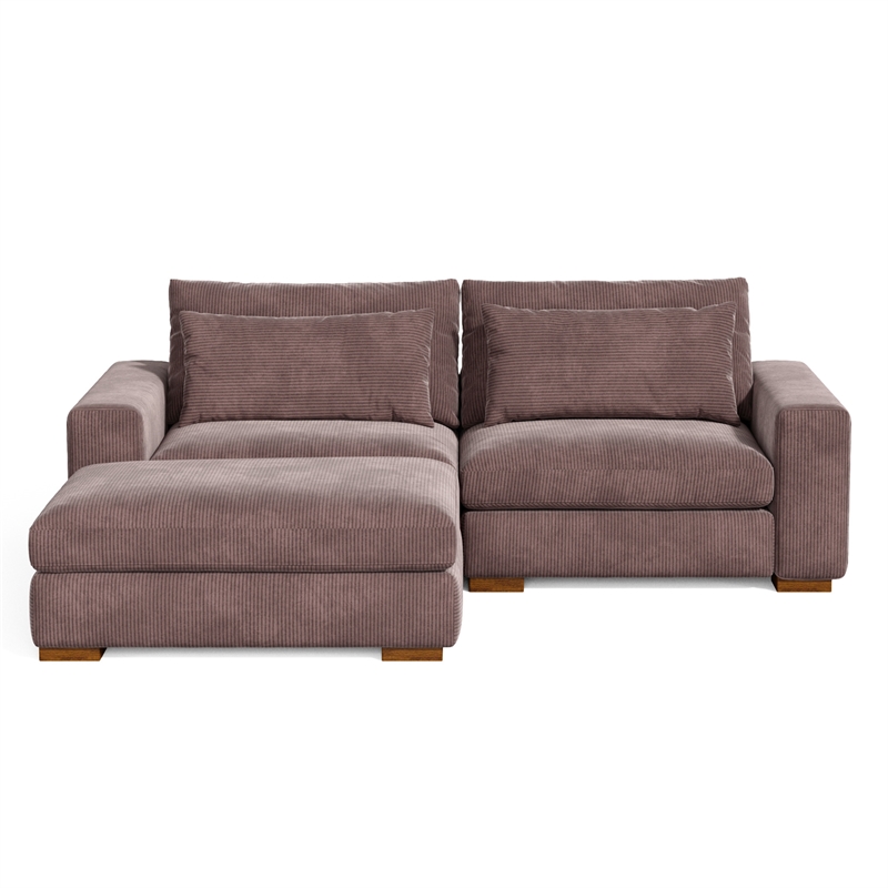 Isabella Sectional Sofa Corduroy Velvet with one Ottoman in Chocolate Color