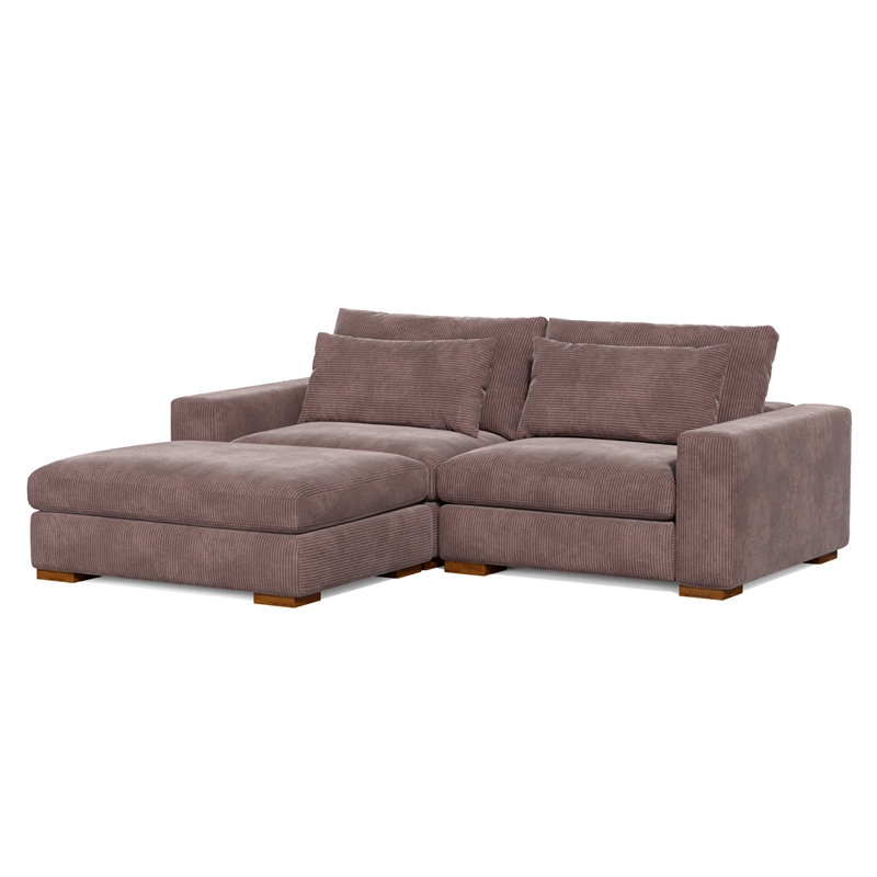 Isabella Sectional Sofa Corduroy Velvet with one Ottoman in Chocolate Color