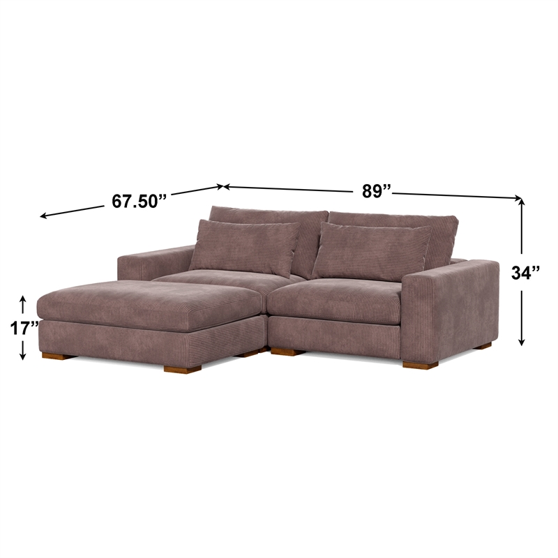Isabella Sectional Sofa Corduroy Velvet with one Ottoman in Chocolate Color