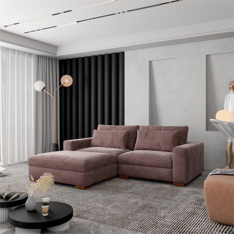 Isabella Sectional Sofa Corduroy Velvet with one Ottoman in Chocolate Color