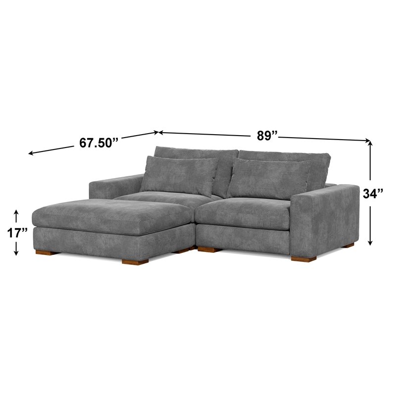 Isabella Sectional Sofa Corduroy Velvet with one Ottoman in Dark Gray Color