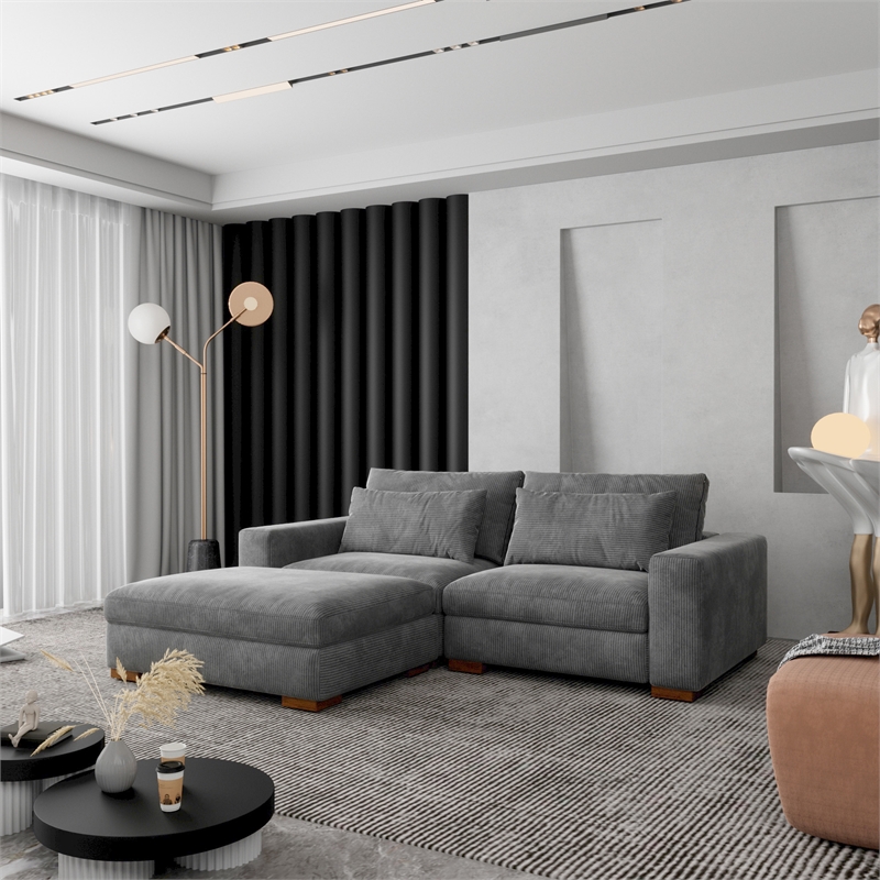 Isabella Sectional Sofa Corduroy Velvet with one Ottoman in Dark Gray Color