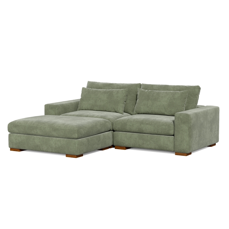 Isabella Sectional Sofa Corduroy Velvet with one Ottoman in Green Color