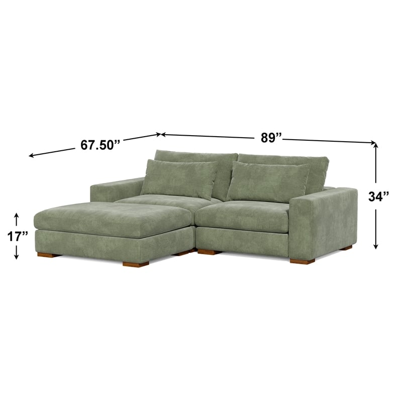 Isabella Sectional Sofa Corduroy Velvet with one Ottoman in Green Color