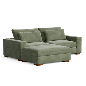 Isabella Sectional Sofa Corduroy Velvet with one Ottoman in Green Color