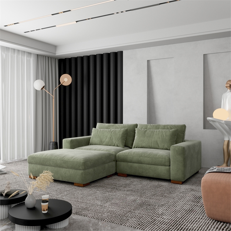Isabella Sectional Sofa Corduroy Velvet with one Ottoman in Green Color