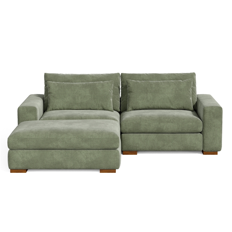 Isabella Sectional Sofa Corduroy Velvet with one Ottoman in Green Color