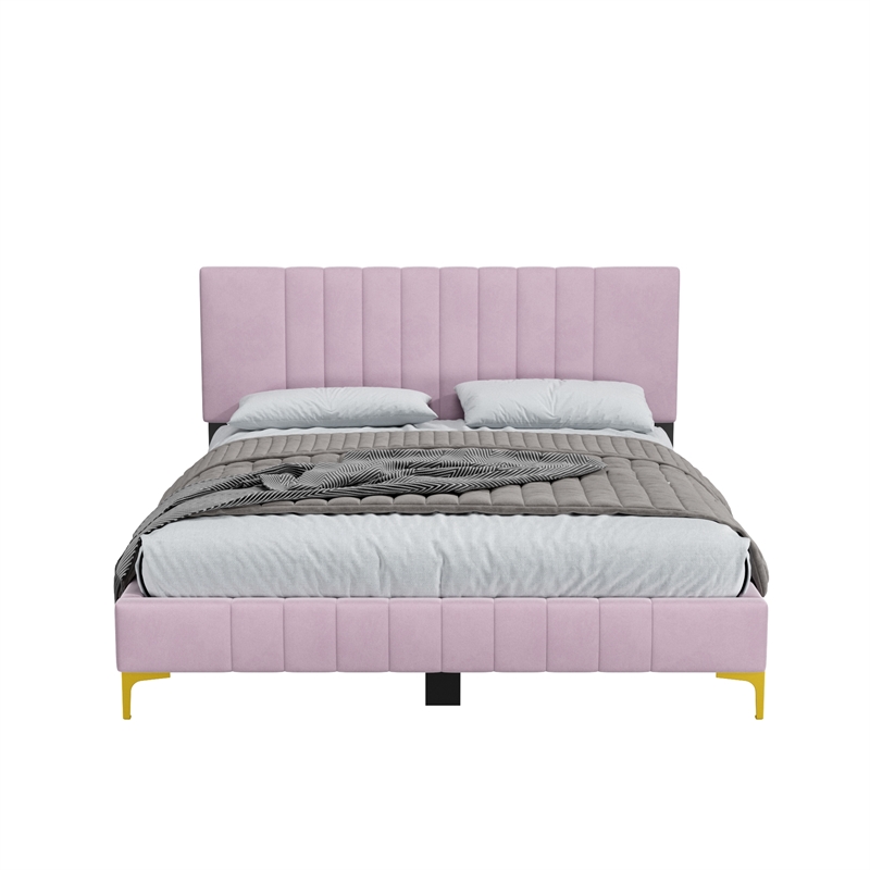 Dean Upholstered Velvet Full Size Bed in Pink with Gold Metal Legs
