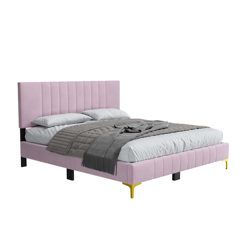 Dean Upholstered Velvet Full Size Bed in Pink with Gold Metal Legs
