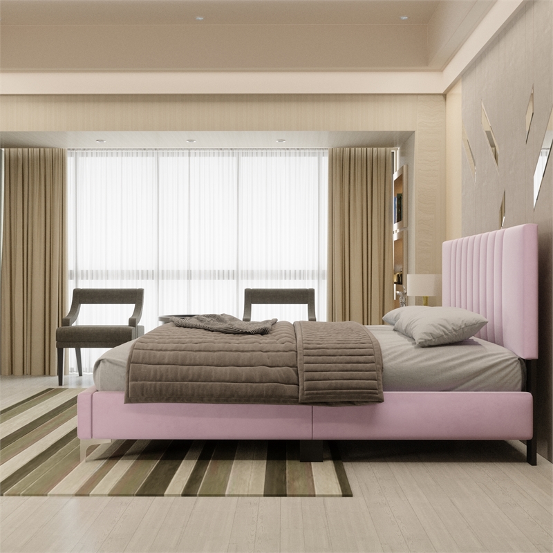 Dean Upholstered Velvet Queen Size Bed in Pink with Silver Metal Legs