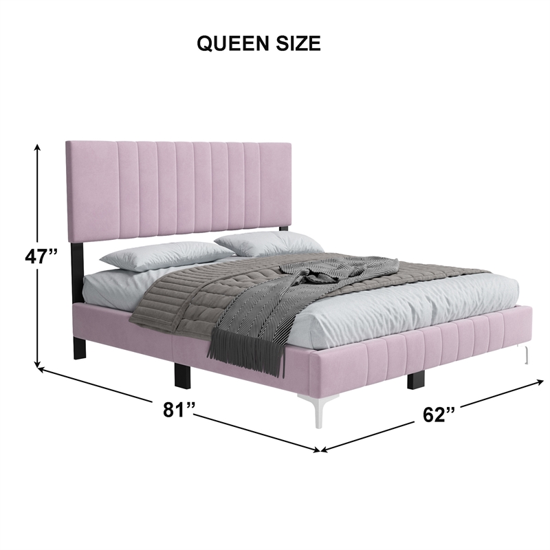 Dean Upholstered Velvet Queen Size Bed in Pink with Silver Metal Legs