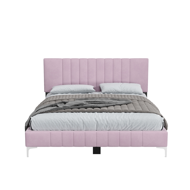 Dean Upholstered Velvet Queen Size Bed in Pink with Silver Metal Legs