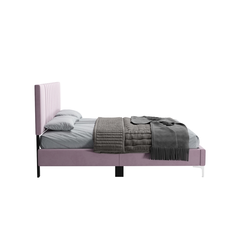 Dean Upholstered Velvet Queen Size Bed in Pink with Silver Metal Legs