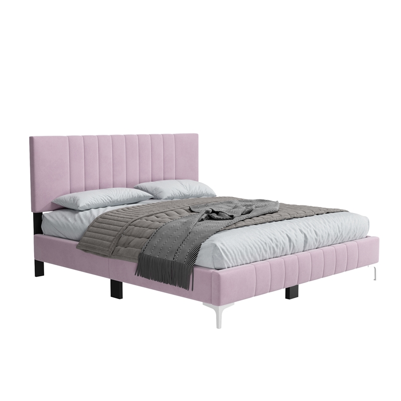 Dean Upholstered Velvet Queen Size Bed in Pink with Silver Metal Legs