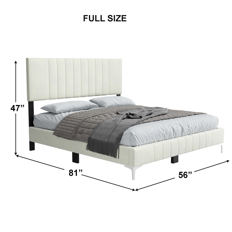 Dean Upholstered Velvet Full Size Bed in Cream with Silver Metal Legs