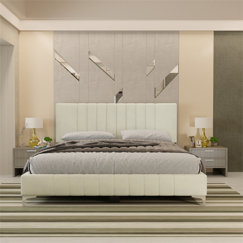 Dean Upholstered Velvet Full Size Bed in Cream with Silver Metal Legs