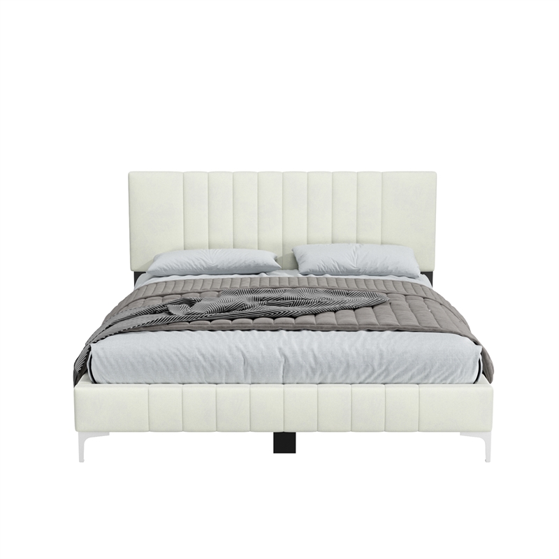 Dean Upholstered Velvet Full Size Bed in Cream with Silver Metal Legs