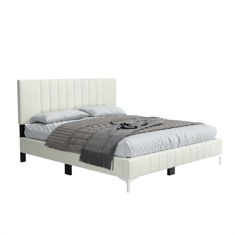 Dean Upholstered Velvet Full Size Bed in Cream with Silver Metal Legs