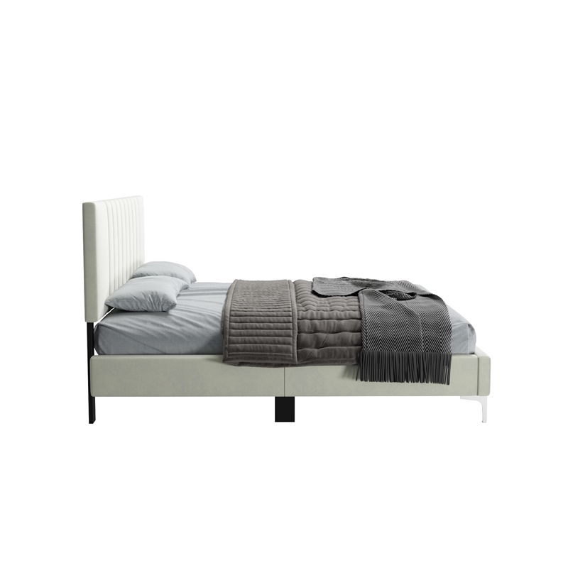 Dean Upholstered Velvet Full Size Bed in Cream with Silver Metal Legs