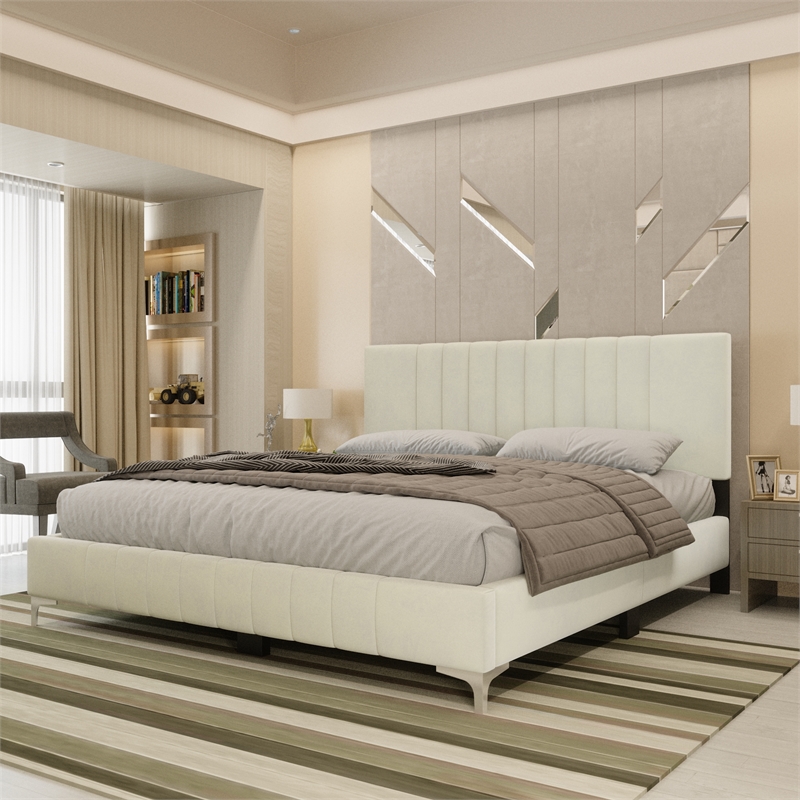 Dean Upholstered Velvet Full Size Bed in Cream with Silver Metal Legs