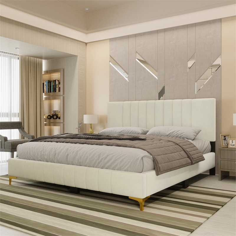 Dean Upholstered Velvet Queen Size Bed in Cream with Gold Metal Legs