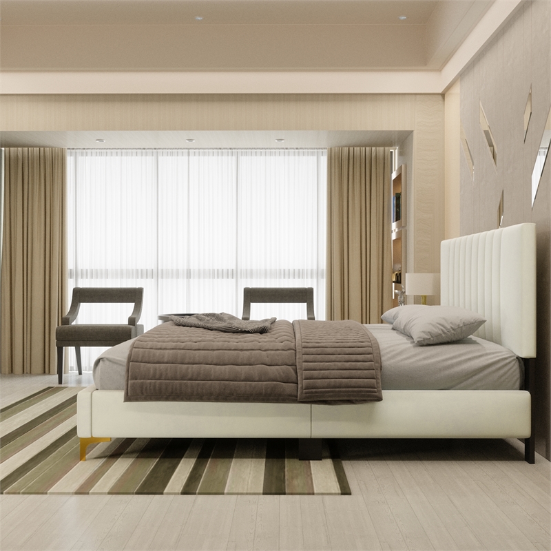 Dean Upholstered Velvet Queen Size Bed in Cream with Gold Metal Legs